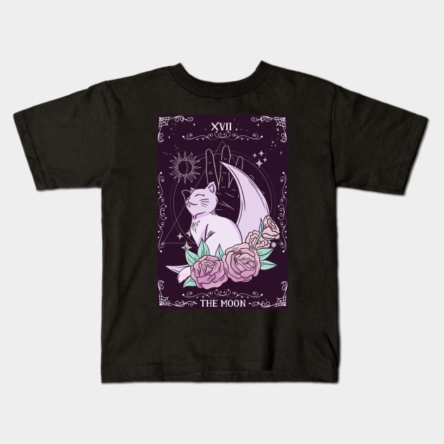 Tarot Card Crescent Moon Cute Cat Roses Cosmic Magic Kids T-Shirt by Kali Space